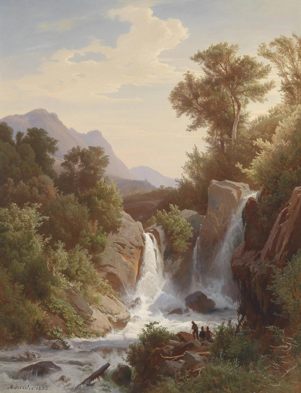 "Angler am Wasserfall"-August Kessler-German-1853