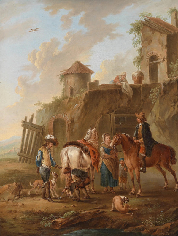 "A hunting party in the catch in front of a house"-August Querfurt-Austria