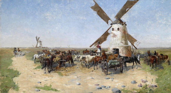 "Windmühlen in weiter Pusztalandschaft"-Laszlo Pataky-Hungarian-1912