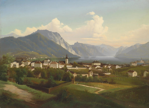 "Blick auf Gmunden mit Schloss Orth "-J Wilhelm Jankowsky-Czech-1860