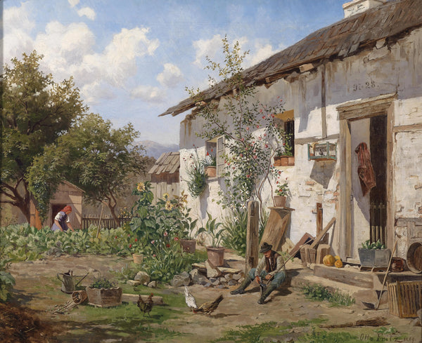 "Idyllic Farmhouse Garden"-Otto Fritz-German-1889